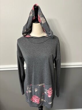 7th Ray Charcoal Hoodie Tunic with Pink Floral Trim